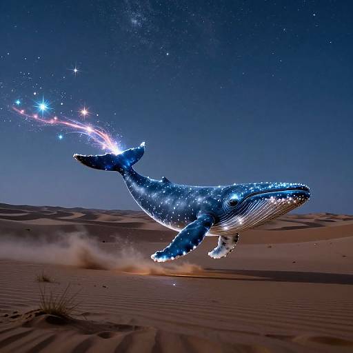 Photograph-like digital art of a glowing blue whale adorned with star-like patterns, leaping through a starry night sky over a sandy desert.