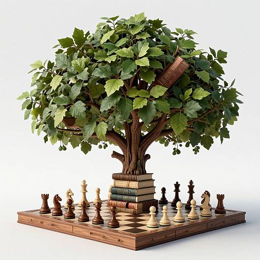 Photograph of a wooden chessboard with chess pieces, stacked books, and a leafy tree trunk base, symbolizing knowledge and growth.