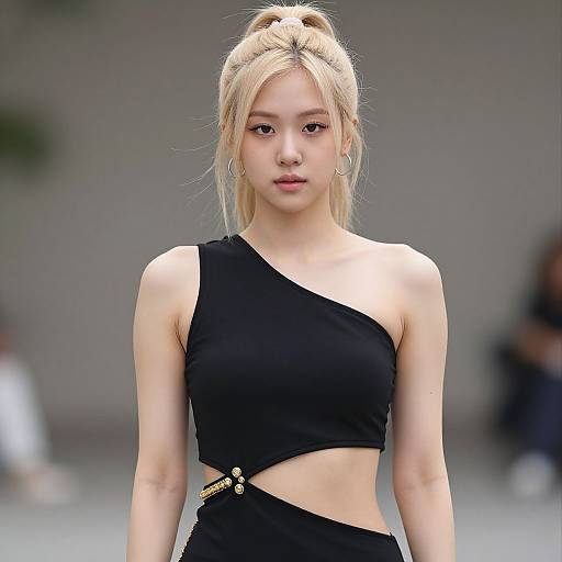 Photograph of a young Asian woman with blonde hair in a ponytail, wearing a black, one-shoulder crop top with gold accents, standing