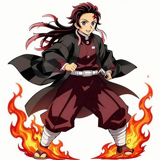 Anime-style digital illustration of a confident young man with black and pink hair, wearing a black coat, red uniform, and white bandages, standing with