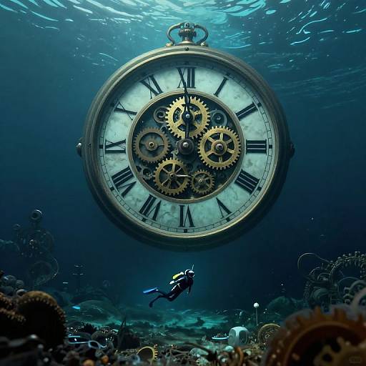 Underwater photograph of a large, glowing, gear-filled clock with Roman numerals, surrounded by coral and a scuba diver below.