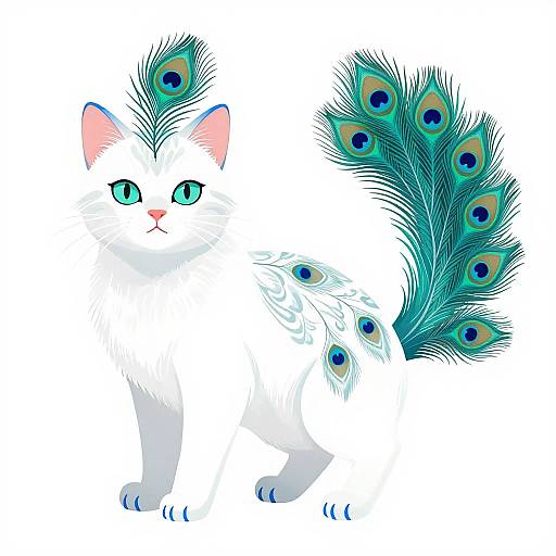 Digital illustration of a white cat with bright turquoise eyes and a large, peacock-like tail featuring blue and green eye patterns.