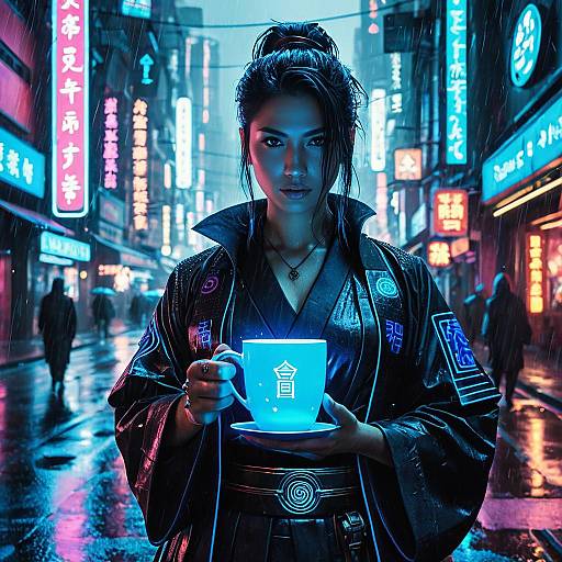 Cyberpunk Samurai Woman with Glowing Blue Cup