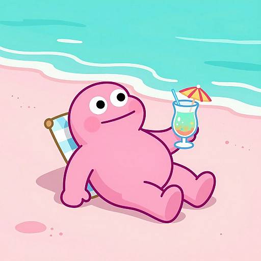 Cartoon pink blob lounging on beach chair, holding tropical drink with umbrella, beside blue ocean waves, in bright, colorful illustration.