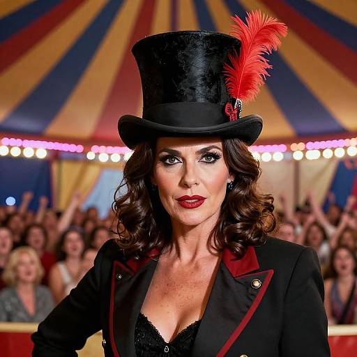 Photograph of a glamorous woman with dark wavy hair, red lipstick, black top hat with red feather, black lace top, performing in a colorful
