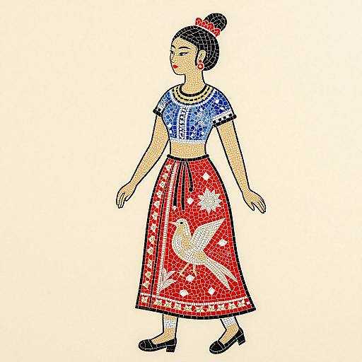 Digital illustration of an Asian woman in a blue patterned top, red skirt with white floral designs, black shoes, and a red bun with a bow