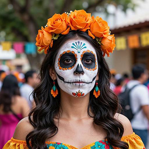 Photograph of a woman with white face paint, black eye sockets, orange flower crown, and colorful dress, attending a Day of the Dead celebration.