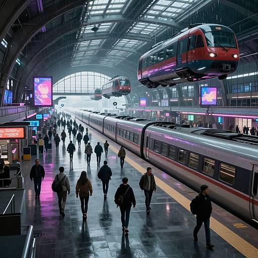 Photograph of a modern, brightly lit train station with overhead monorail cars, crowded platform, people walking, reflective floor, and colorful digital screens