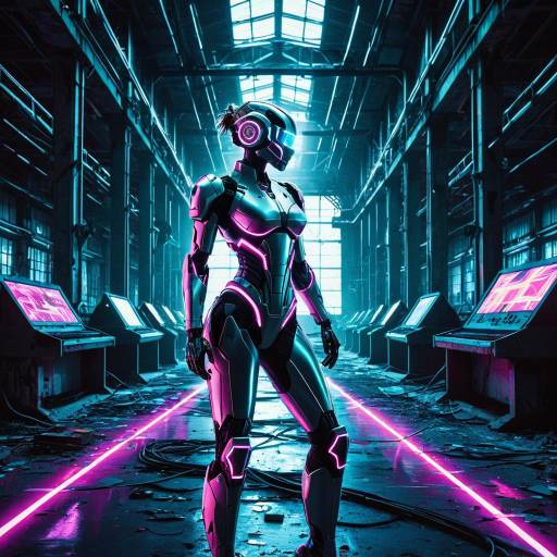 Elegant Cyborg Artist in Neon Factory