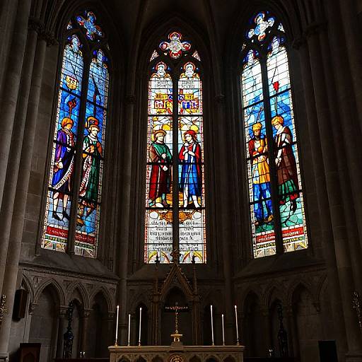 Photograph of vibrant, multi-colored stained glass windows in a Gothic-style cathedral, depicting biblical scenes with figures in robes, set within dark, towering stone