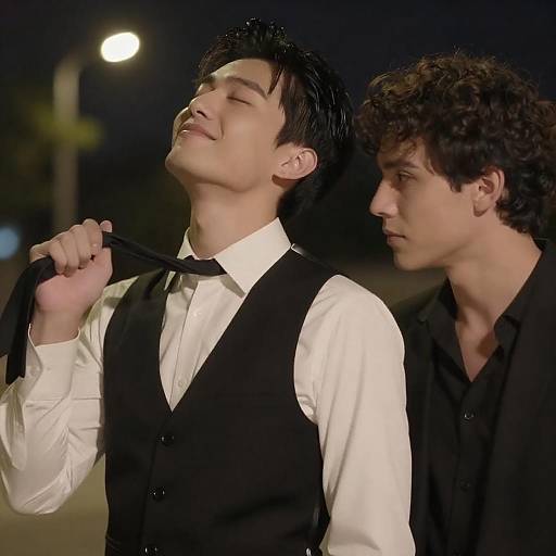 Two Men at Night with Contrasting Expressions