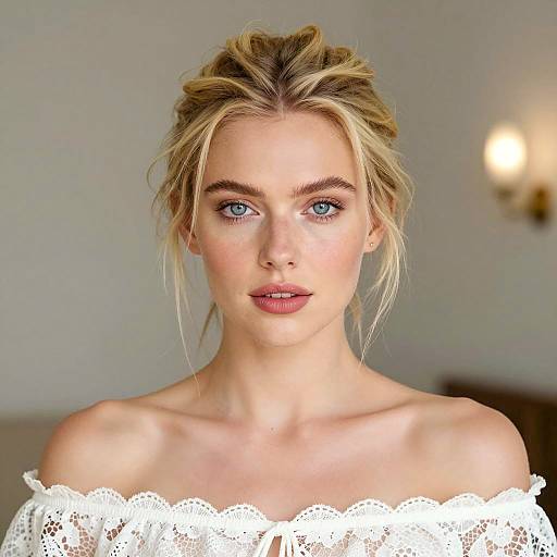 Blonde Woman in White Lace Off-Shoulder Top