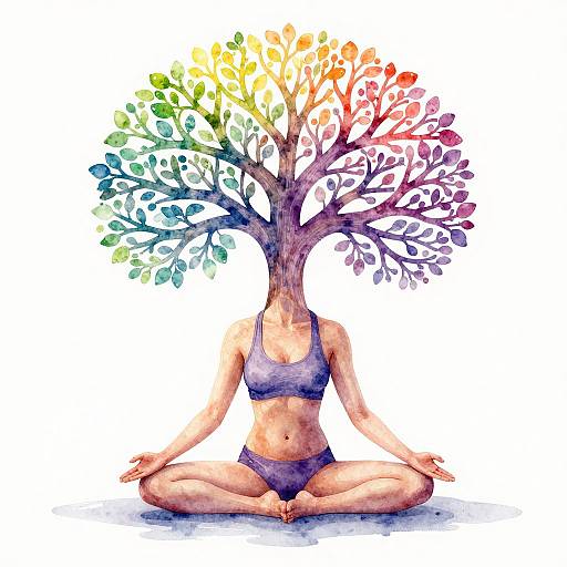 Watercolor illustration of a woman in purple sports bra and shorts, seated cross-legged, with a vibrant, multi-colored tree for a head, symbolizing