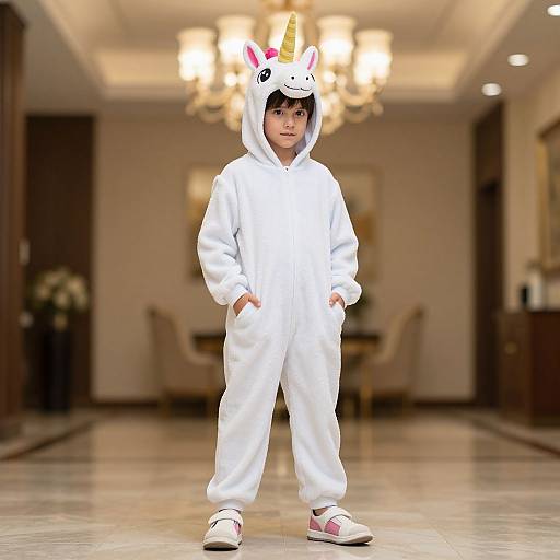 Photograph of a young boy wearing a white unicorn onesie with a horn and ears, standing in a brightly lit, elegant living room with a ch