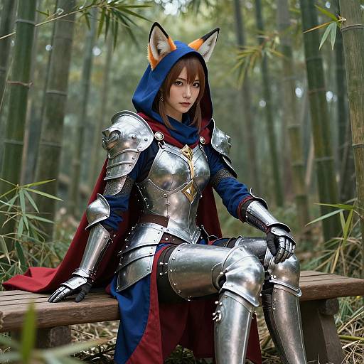 Confident Fox-Eared Warrior in Bamboo Forest