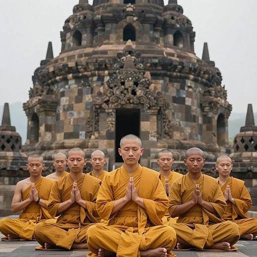 Nine Monks Meditating at Ancient Temple