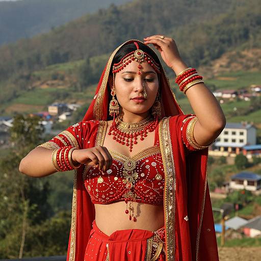 Photograph of a South Asian woman in a red and gold traditional bridal outfit, adorned with jewelry, posing outdoors against a mountainous village backdrop with green
