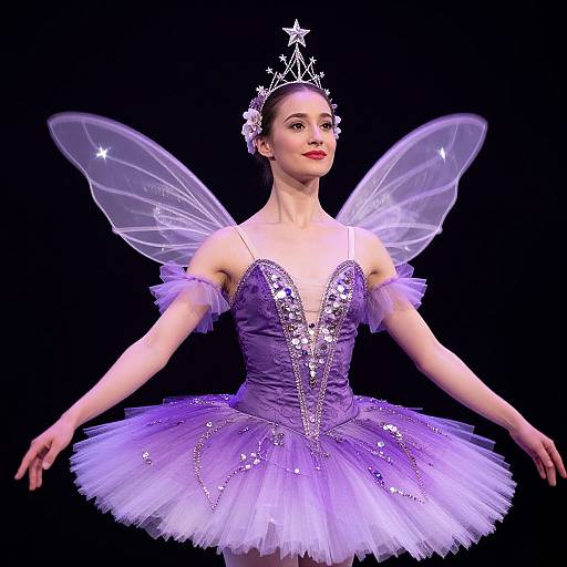 Digital illustration of a fair-skinned ballerina with purple tutu, sparkling sequins, translucent fairy wings, and a star-topped tiara