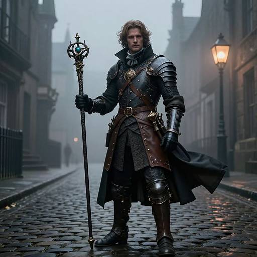 Photorealistic digital art of a muscular, blond-haired man in medieval armor with a staff, standing on a misty, cobblestone street at