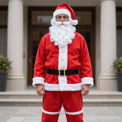 Photograph of a Santa Claus with a white beard, red suit, white trim, black belt, and glasses, standing in front of a building entrance