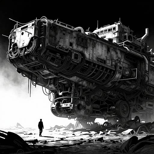 Black-and-white digital drawing of a massive, heavily detailed, mechanical structure towering over a desolate, rocky landscape with a small, silhouetted