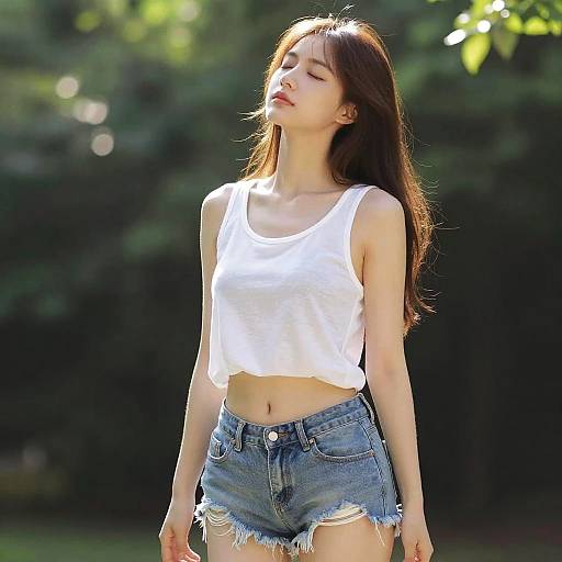 Photograph of a young woman with long brown hair, eyes closed, wearing a white tank top and frayed denim shorts, standing in sunlight with a