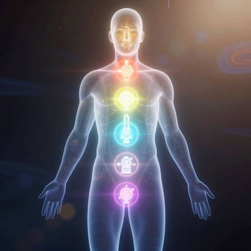 Digital CGI of a glowing, translucent human figure with neon-colored chakras: yellow crown, blue throat, green chest, orange abdomen, red lower
