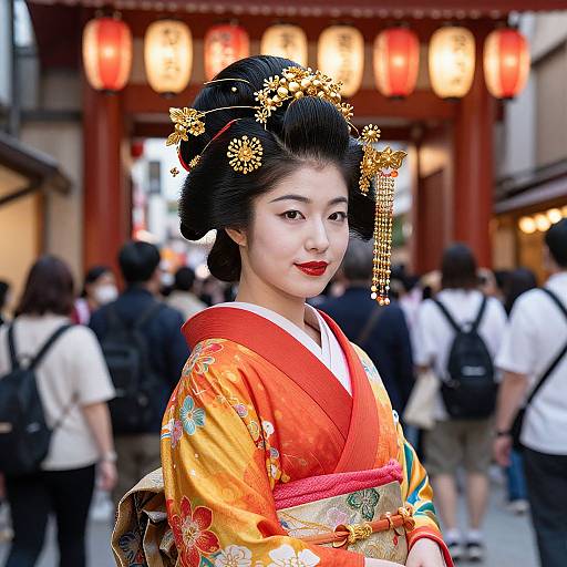 Photograph of a beautiful Japanese geisha in an orange floral kimono, adorned with gold hair ornaments, smiling in a bustling temple street with lanterns
