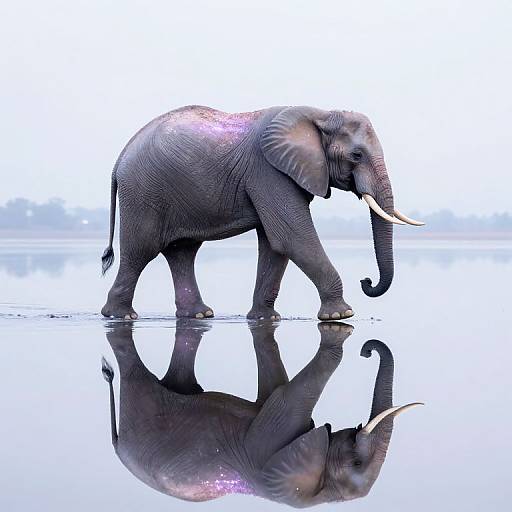 Photograph of a solitary, gray African elephant with glowing pink highlights, walking on a reflective, mirror-like water surface, creating a symmetrical reflection.