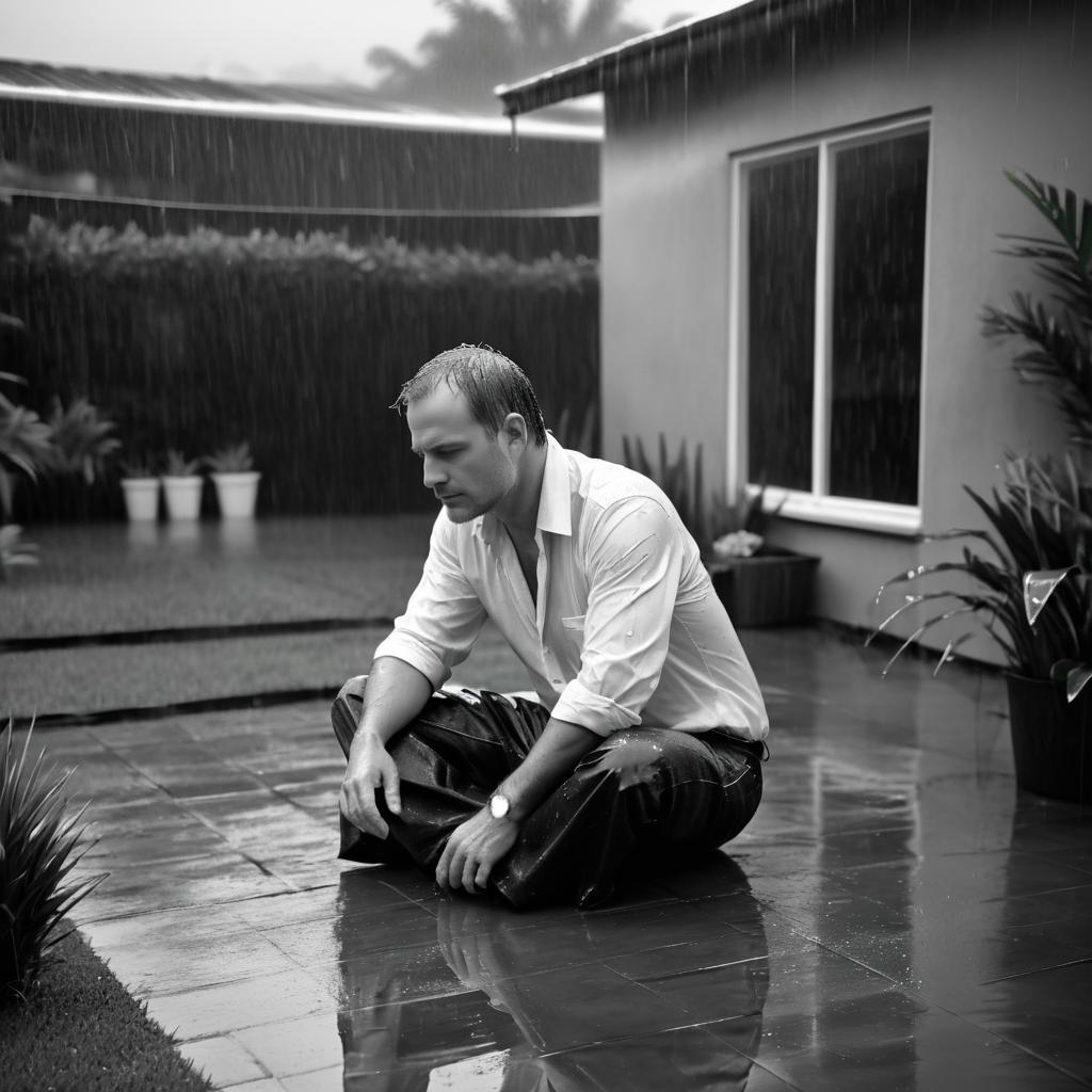 Serene Rainstorm Portrait in Monochrome