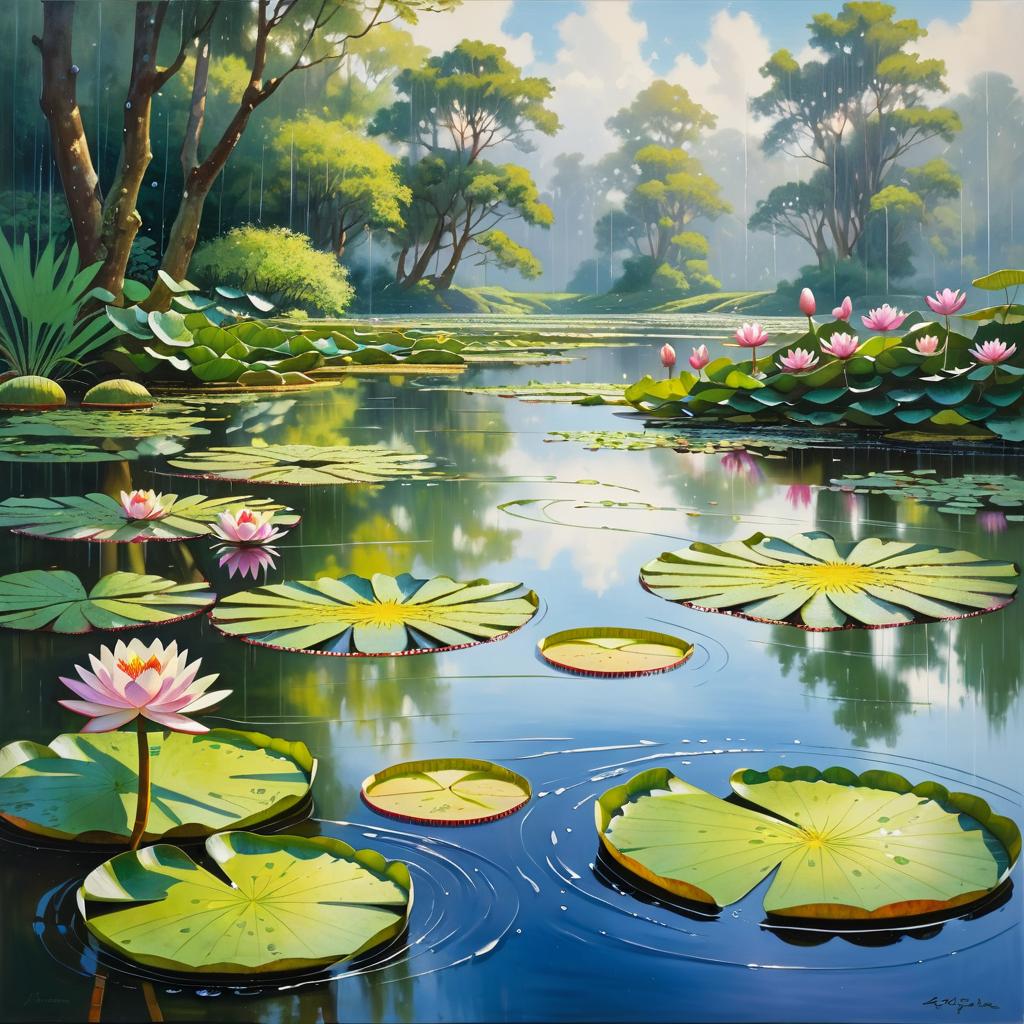 Serene Water Lily Pond in Rain