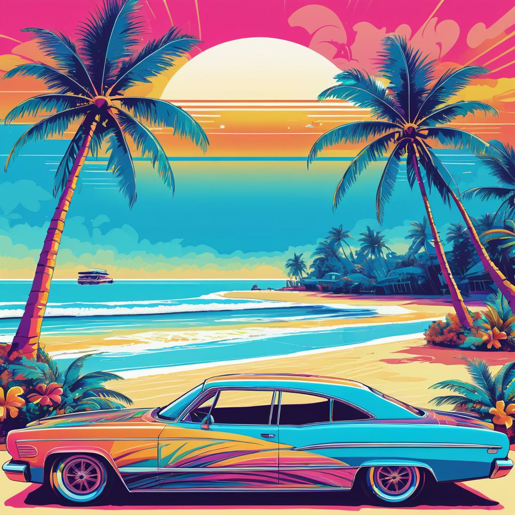 Psychedelic Vintage Car on Beach