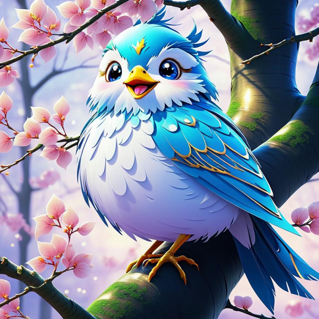 Cute Fantasy Bird on Tree Branch