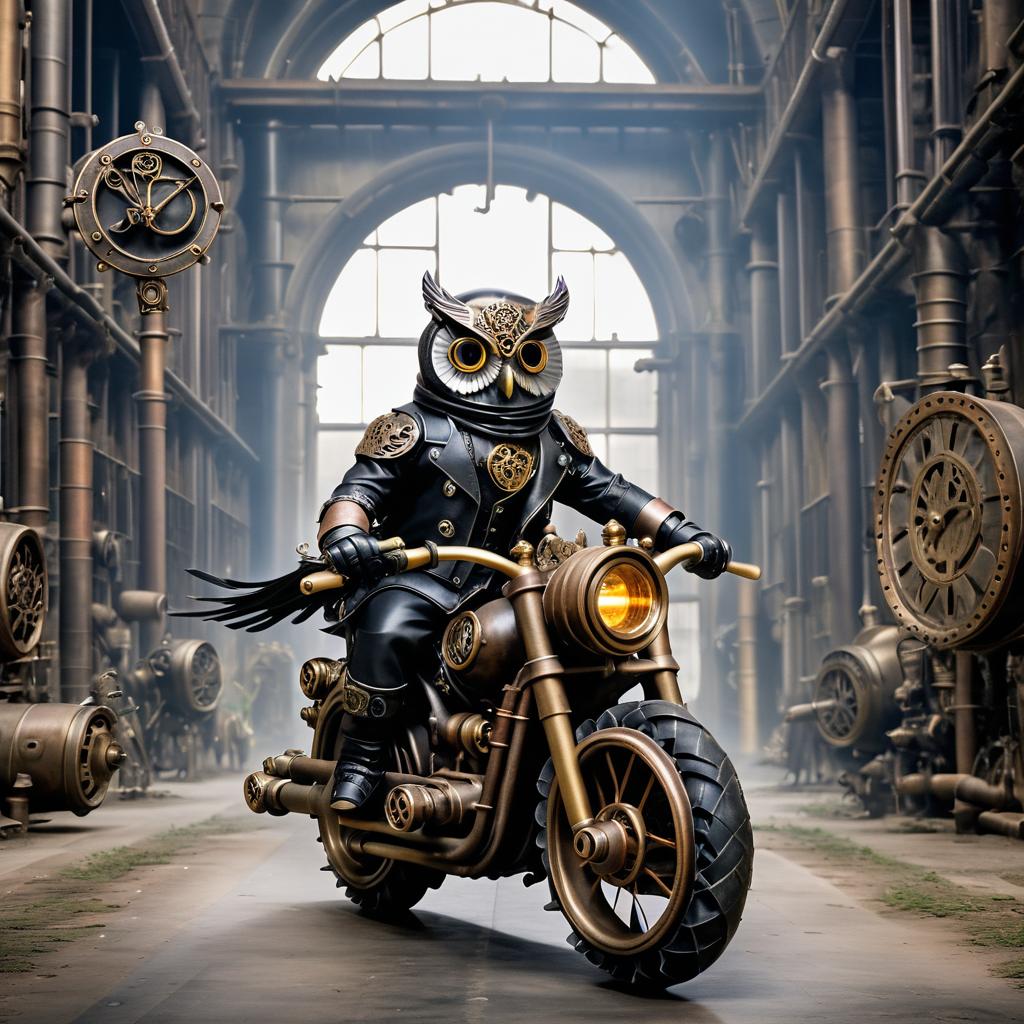 Steampunk Owl on Gothic Motorcycle Adventure