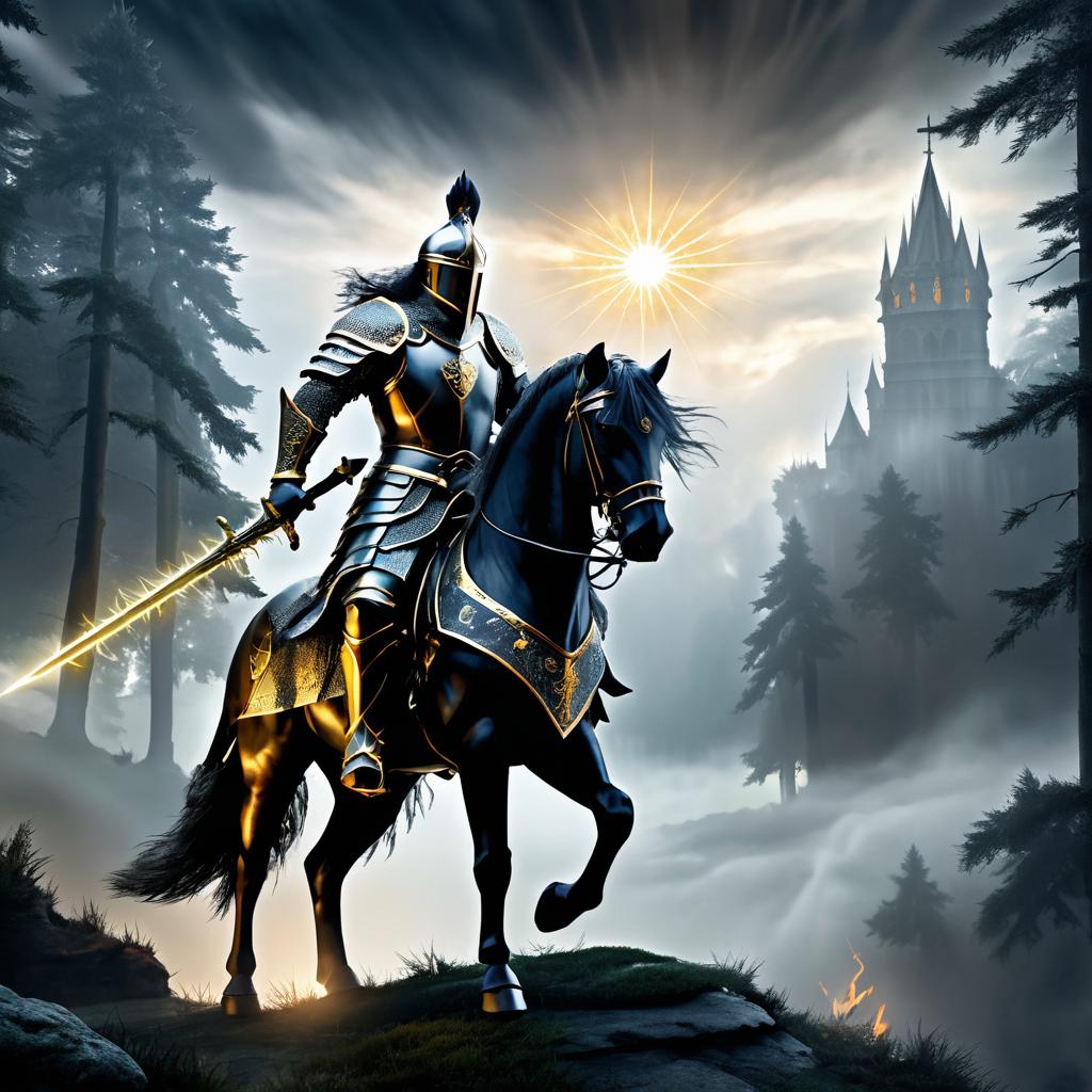 Majestic Knight in Misty Forest Scene