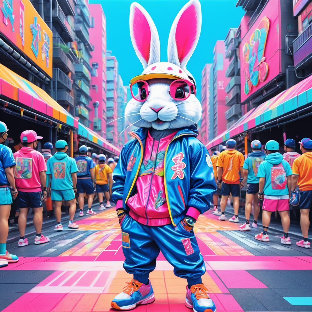 Vibrant Pop Art Rabbit in Cyberpunk Festival