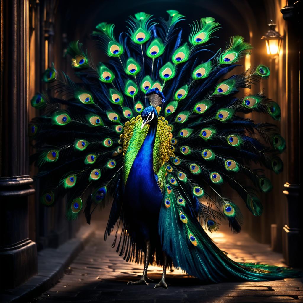 Elegant Peacock in Dramatic Alley Lighting