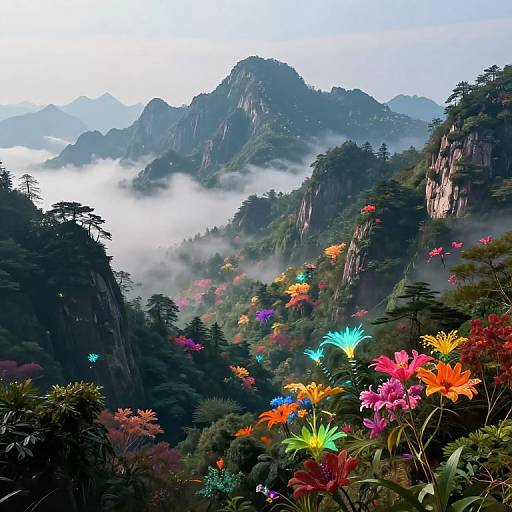 Photograph of a misty mountain landscape with colorful, glowing flowers in the foreground, surrounded by dark green trees, rocky cliffs, and fog-covered peaks