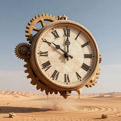 Steampunk clock with gears hovering over a desert landscape, dust swirling beneath it; clear blue sky in background.