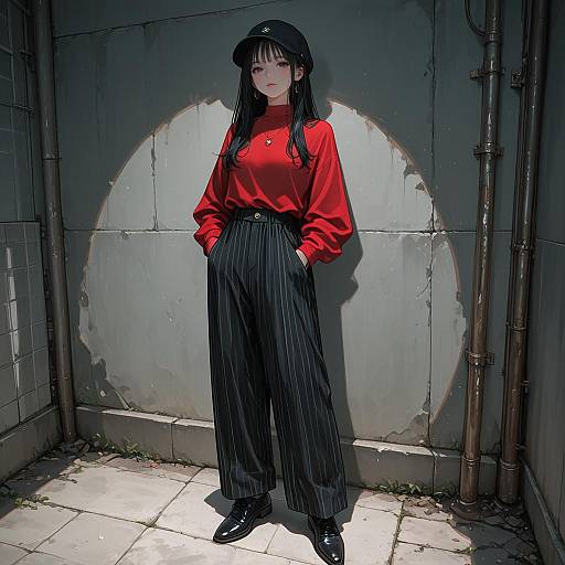 Stylish Woman in Red Shirt and Striped Black Pants