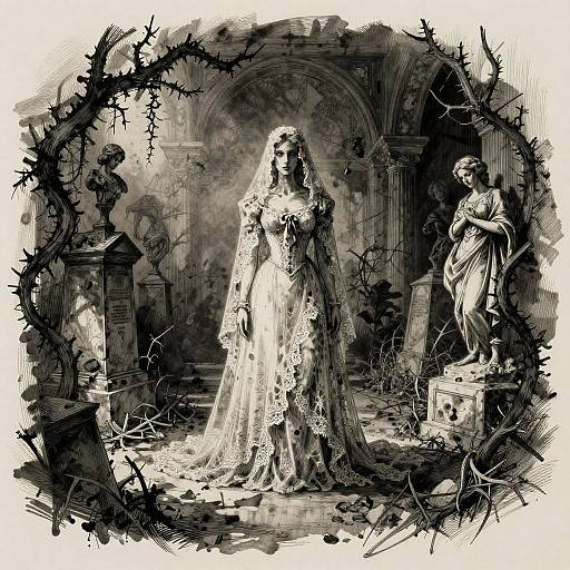 Gothic black-and-white illustration of a veiled woman in ornate dress standing amid thorns, statues, and crumbling arches. Haunting