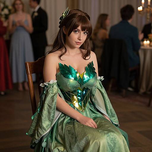 Photograph of a young woman with pale skin and dark brown hair, wearing a green, strapless, leaf-themed dress with glowing green and yellow accents
