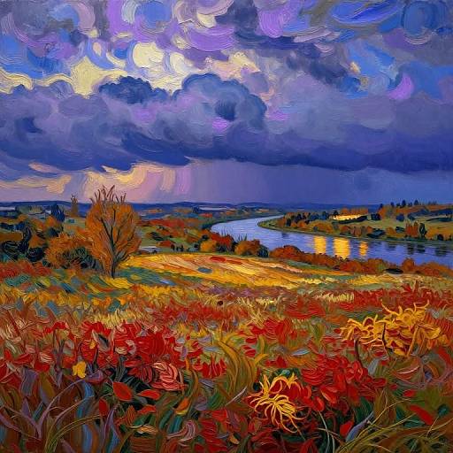 Vibrant digital painting of a colorful autumn landscape with red flowers, a reflective river, and a dramatic, cloudy sky.