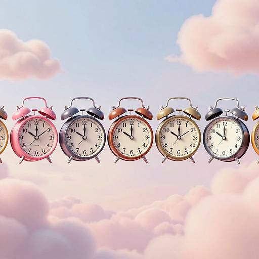 Photograph of six vintage alarm clocks floating against a blue sky with pink clouds, each displaying different times.