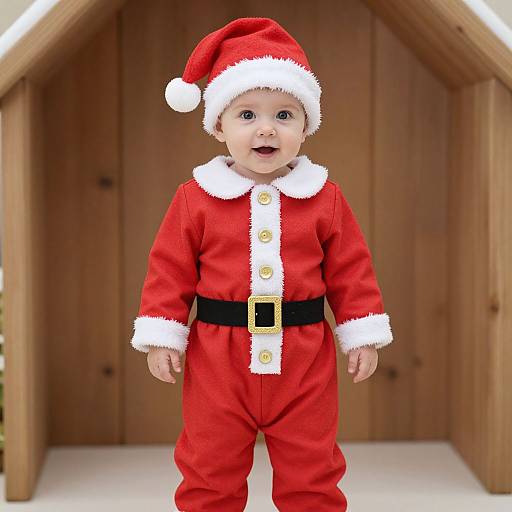Photograph of a baby in a red Santa outfit with white trim, black belt, and hat, standing in a wooden archway.