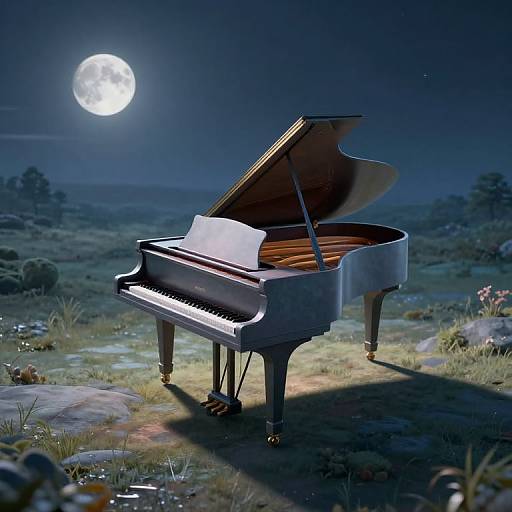Photorealistic image of a grand piano with open lid under a full moon, standing in a moonlit, grassy, rocky landscape.