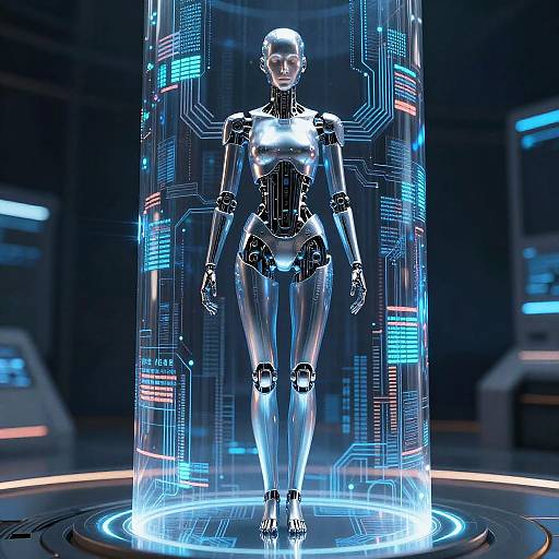 Digital CGI of a futuristic, metallic humanoid robot with glowing blue accents, standing in a high-tech cylindrical chamber with illuminated circuit patterns.