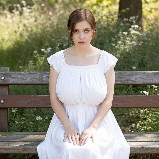 Photograph of a young white woman with brown hair, wearing a white, short-sleeved, square-neck dress, sitting on a wooden bench in