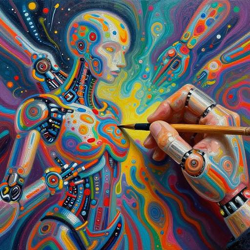 Vibrant digital painting of a robotic figure with colorful abstract patterns, being painted by human hands holding a brush.
