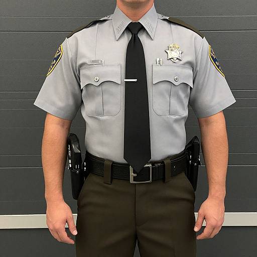 Photograph of a male police officer in light gray shirt, black tie, black pants, and utility belt, standing against a dark gray wall.